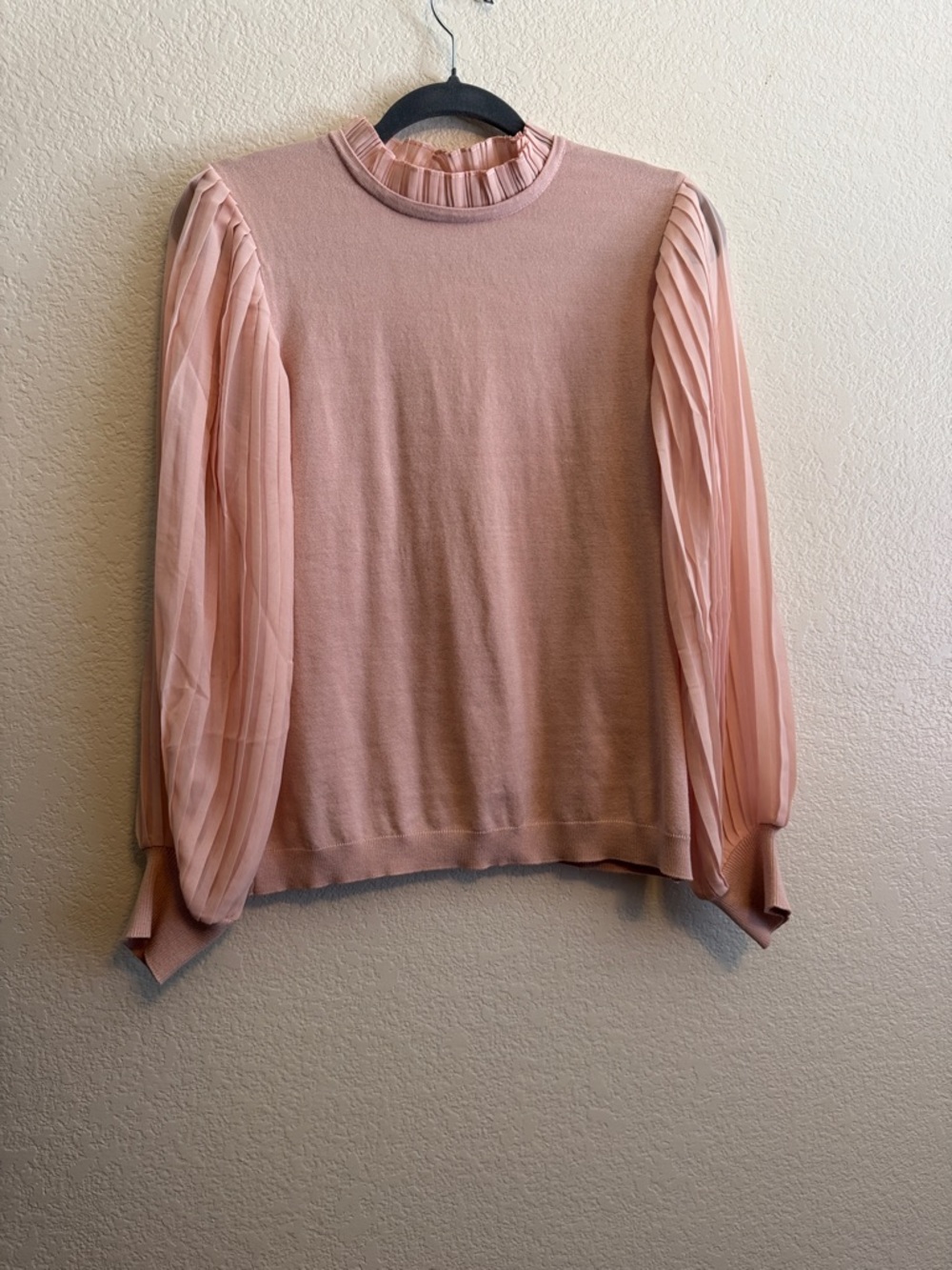 Adrianna Papell Pleated Chiffon Sleeve Mock Neck Top - Blush